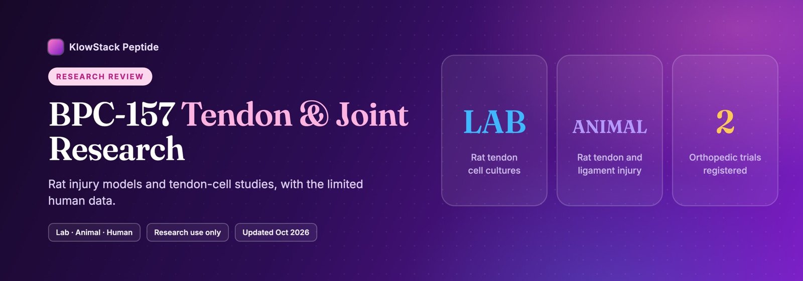 BPC-157 tendon and joint research banner with three tiles: rat tendon cell cultures, rat tendon and ligament injury models, and two registered orthopedic trials