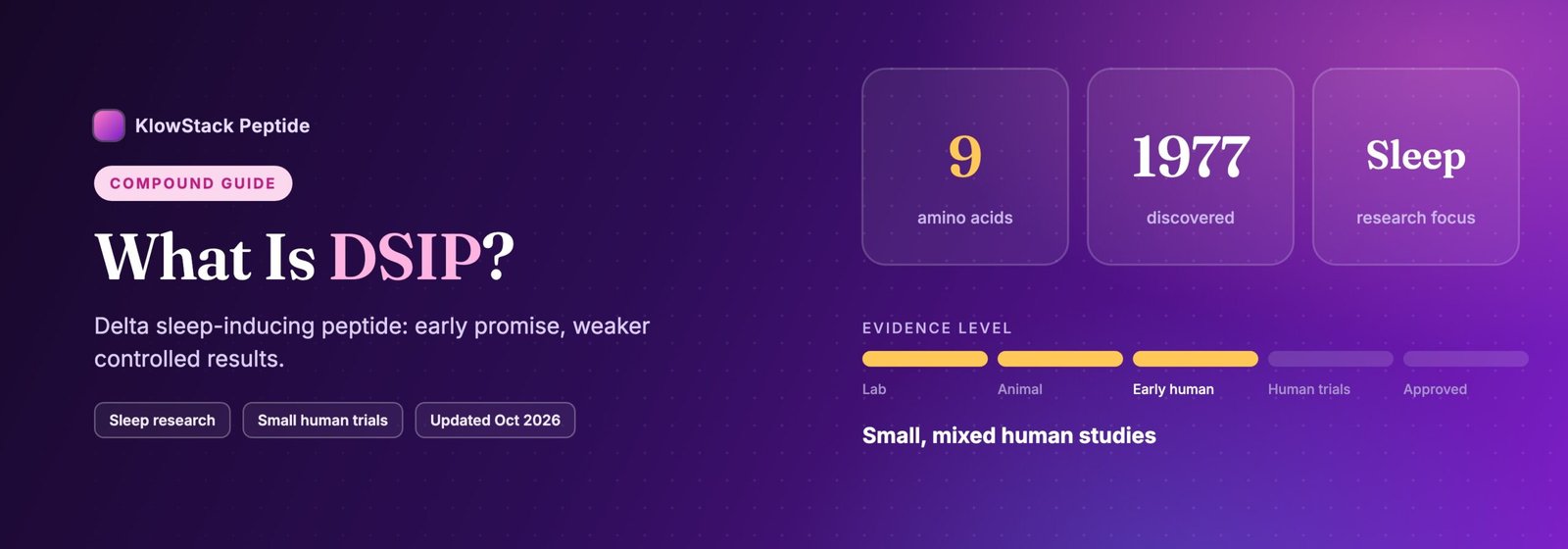 What is DSIP: 9 amino acids, evidence level small, mixed human studies