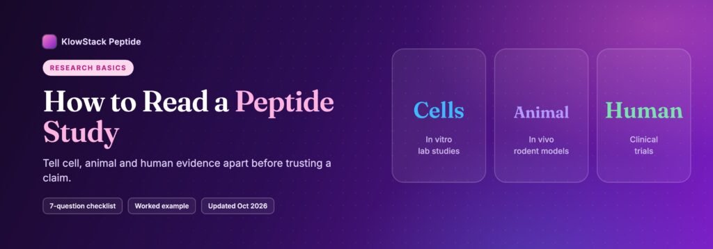 Banner for how to read a peptide study, showing three evidence levels: cell, animal and human studies