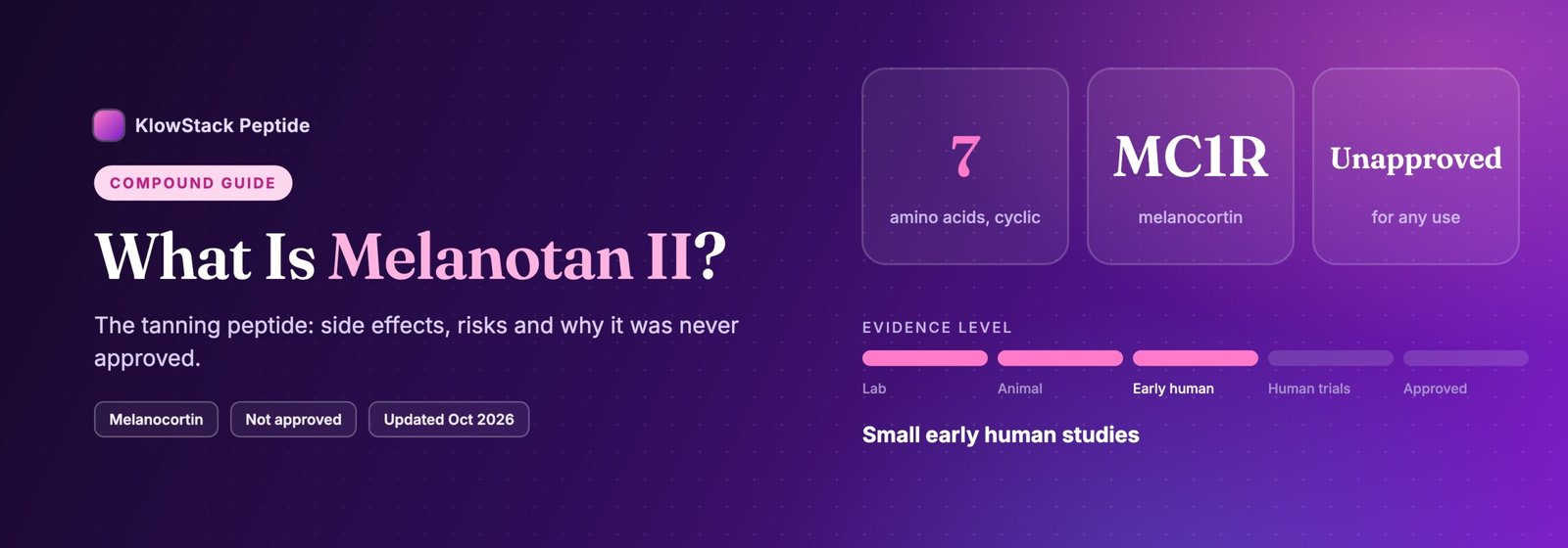 What is Melanotan II: 7 amino acids, cyclic, evidence level small early human studies