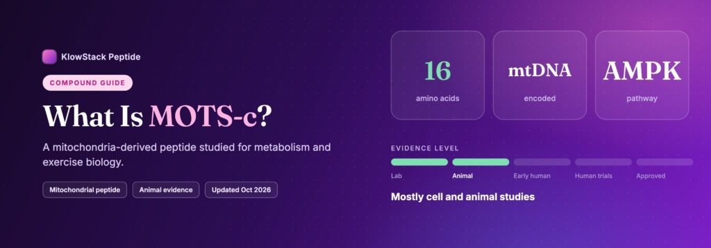 What is MOTS-c: 16 amino acids, evidence level mostly cell and animal studies