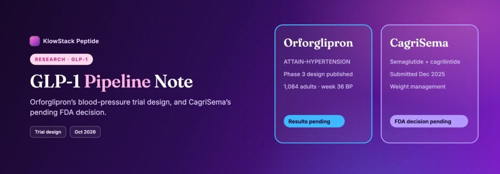 Two pipeline cards: orforglipron ATTAIN-HYPERTENSION trial design and CagriSema awaiting an FDA decision