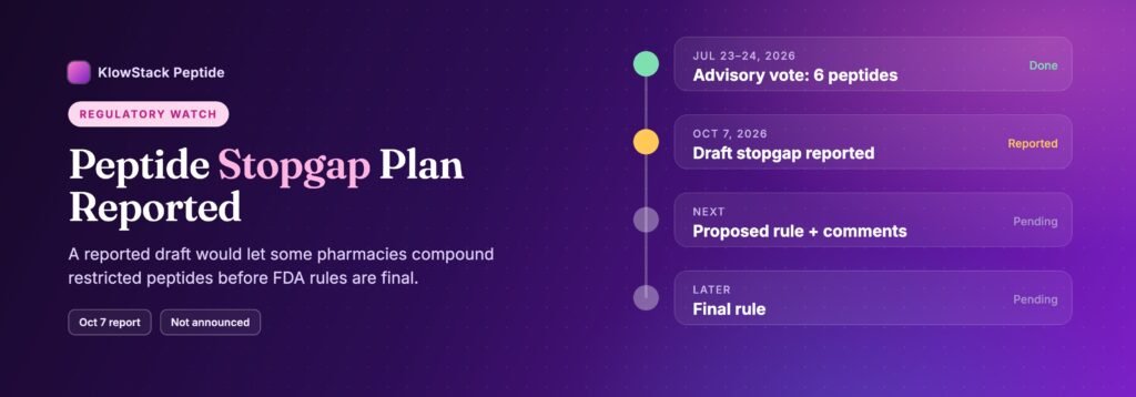 Timeline: July 2026 advisory vote, October 7 report of a draft stopgap, then proposed and final FDA rules still pending