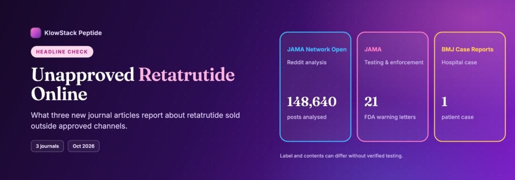 Three journal sources on online retatrutide: a JAMA Network Open Reddit analysis, a JAMA news report and a BMJ case report