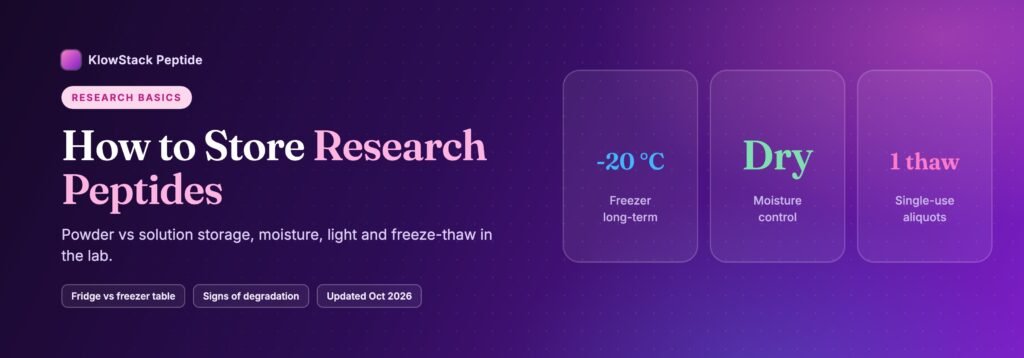 Banner: How to store research peptides, with tiles for -20 °C freezer storage, moisture control and single-use aliquots