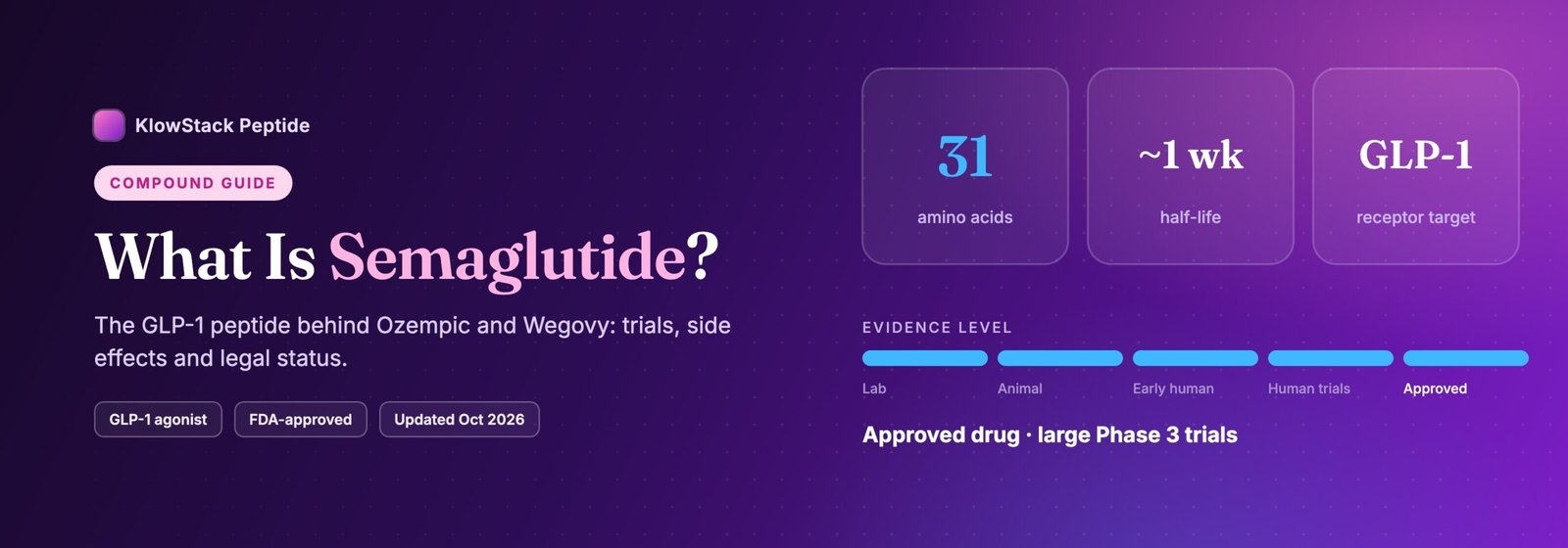 What is Semaglutide: 31 amino acids, evidence level approved drug · large phase 3 trials
