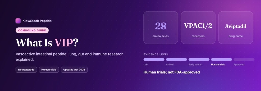 What is VIP: 28 amino acids, evidence level human trials; not fda-approved